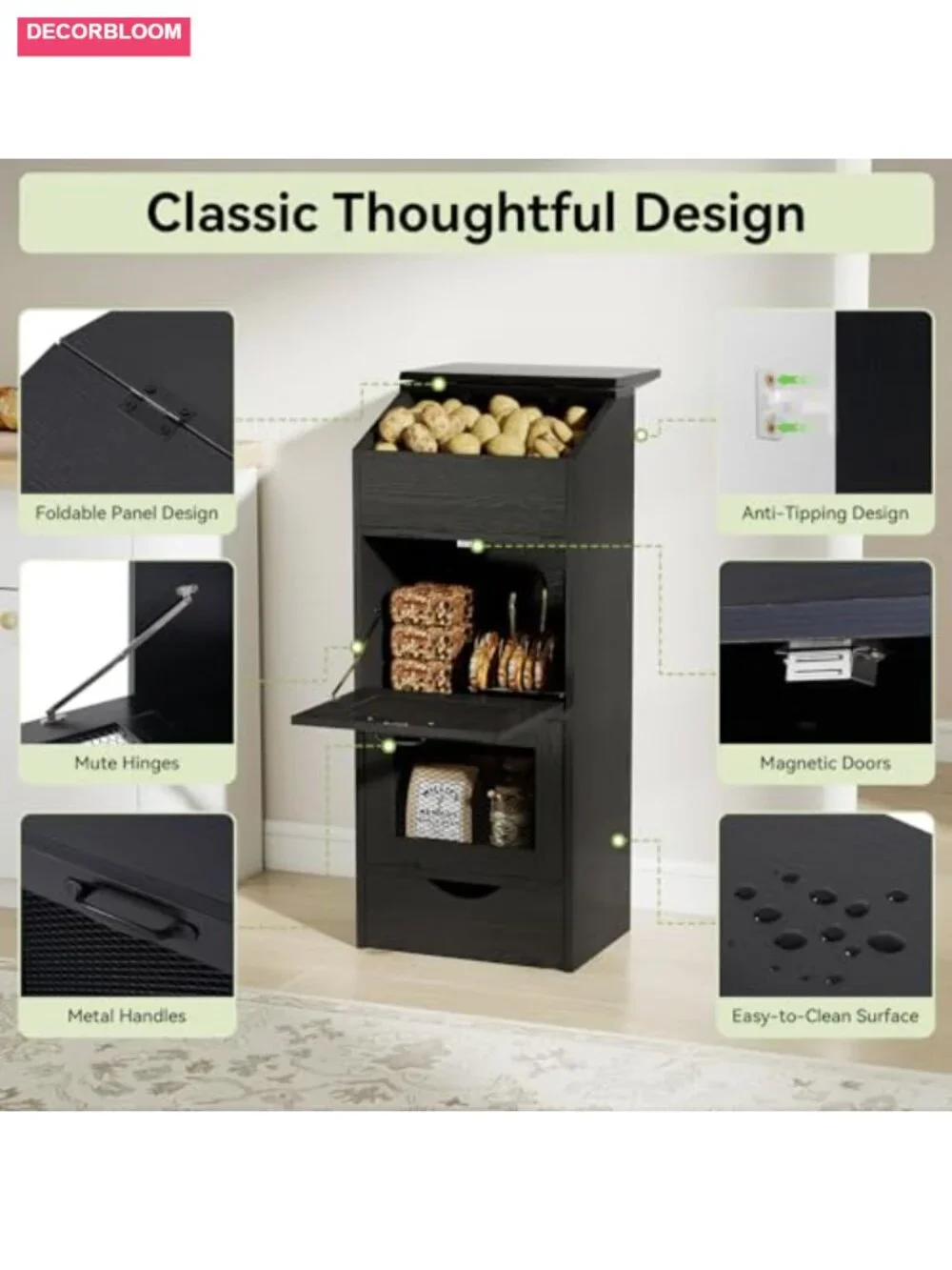 4-Tier Potato Onion Storage Bin Bread Box Wood Grain Metal Mesh Doors